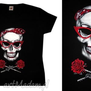 pinupskull roses in black, hand painted, t-shirt, ręcznie koszulka