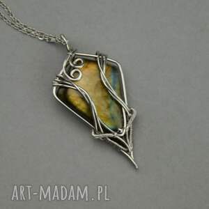 handmade wisiorki wisiorek z labradorytem wire wrapping stal chirurgiczna złoty