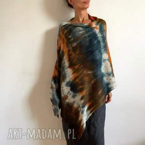 unikatowe ponczo z wełny merino grafit rudy, narzutka wełniana, unikatowa tunika