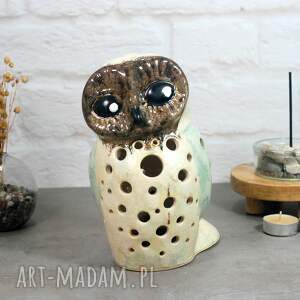 handmade ceramika zamyślona sowa - duży lampion ceramiczny
