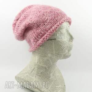 handmade czapki luźna czapka na drutach boho melanż różowy beanie nerd hipster