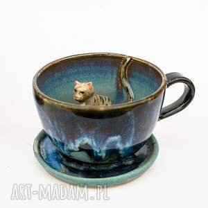 filiżanka z figurką kota - kasjopea light rękodzieło ok 350ml szary