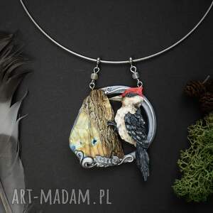 naszyjnik dzięcioł z labradorytem, leśna biżuteria, las, ptak, drzewo