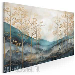 obraz do salonu - złote drzewa i księżyc 70x50 cm 103101, turkusowy pejzaż