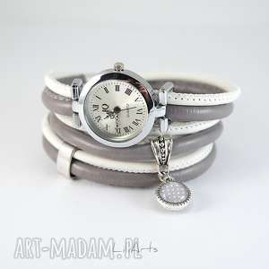 ręcznie wykonane zegarki zegarek, bransoletka kropki, biało-szary owijany