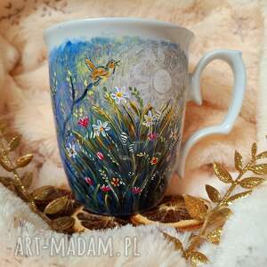 ręcznie malowany świt na łące kubek 360 ml, malowana porcelana w kwiaty