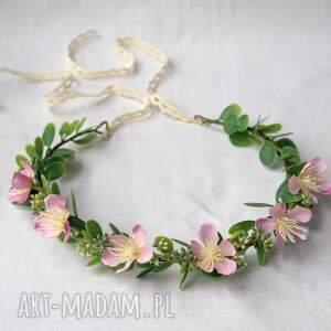 księżycowa róża - delikatny wianek z różowymi kwiatami i zielenią, styl boho