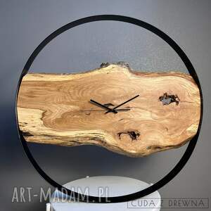 cuda z drewna zegar duży drewniany na ścianę średnica 70 cm stalowa obręcz