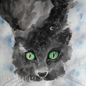 akwarela noc jest kotem artystki plastyka adriany laube, oczy, księżyc