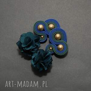 zielono niebieskie kolczyki sutasz z kwiatkiem, sznurek, eleganckie