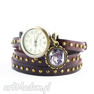 handmade zegarki bransoletka, zegarek - szary wilk brązowy, nity, skórzany