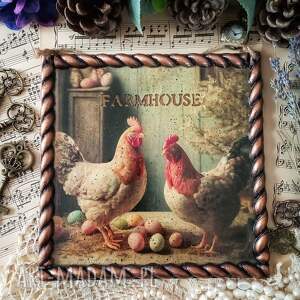 dekoracyjny obrazek decoupage w stylu farmhouse, prowansja kury, shabby chic
