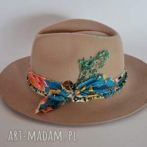 kapelusz wiosenny fedora, turkus beżowa