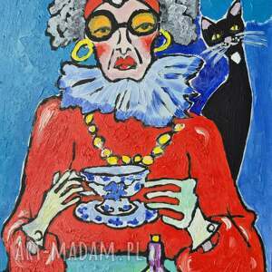 obraz olejny popołudniowa herbatka z kotem obrazy olejne, karykatura, duże