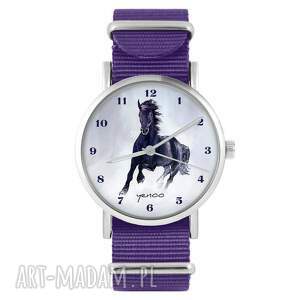 handmade zegarki zegarek - czarny koń, cyfry - fioletowy, nylon