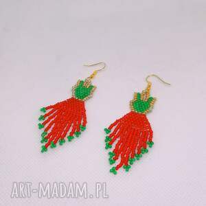 kolczyki sukienki, suknie czerwono zielone z koralików