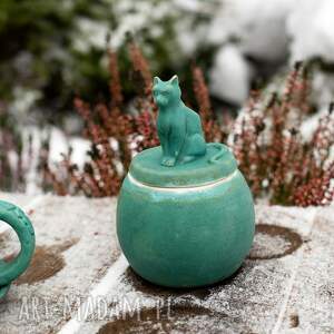 handmade ceramika urokliwa cukiernica z kotem - morska zieleń na prezent dla kociary 270