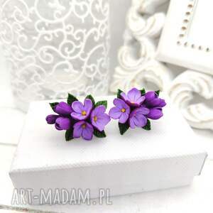 kolczyki sztyfty z gałązką bzu miniaturowe, handmade stal nierdzewna, kwiatowa