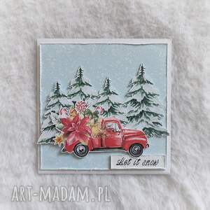 kartka świąteczna boże narodzenie, czerwone auto, zimowy las