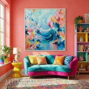 kolorowa abstrakcja - duży abstrakcyjny obraz do salonu 90x100 cm ręcznie
