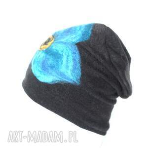 czapka handmade na podszewce, wełna, zima, etno, kwiaty, ciepła