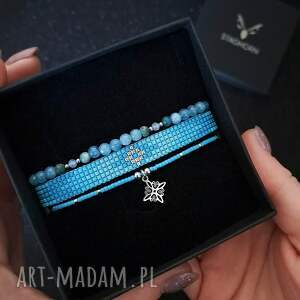 zestaw bransoletek winter sky - akwamaryn i apatyt, makramowa biżuteria