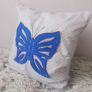 poduszka blue butterfly grey, motyl motylek, groszki, sypialnia