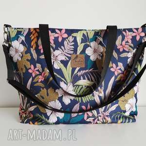 torba shopper wodoodporna - hibiskusy paprocie od ręki, kwiaty, boho