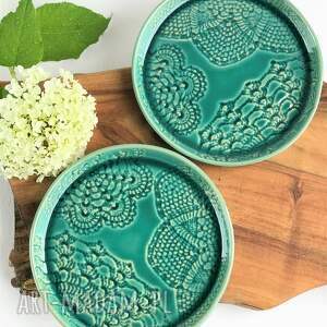 zestaw 2 szt - talerz deserowy koronki turkusowe, ceramika, talerzyk dekoracyjny