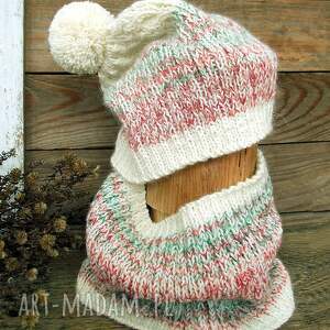 czapka i komin candy - wełniany, ciepły zestaw na zimę, wełniany komplet