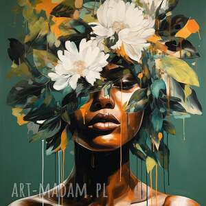 obraz portret kobiety z kwiatami - czarnoskóra kobieta wydruk na płótnie