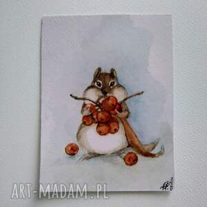 Chomik z jarzębiną - akwarelowa ilustracja bajkowa 10,5x14 cm