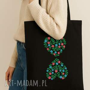 ️ haftowane serca z róż - czarna ekologiczna torba na zakupy
