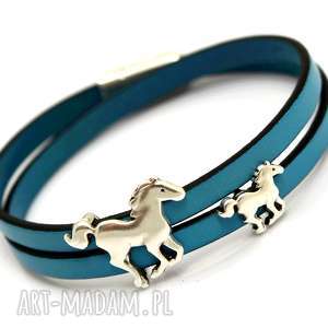 ręcznie robione bransoletka skóra magnetoos double horses light blue