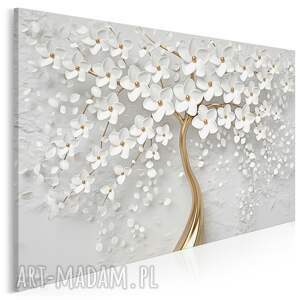 obraz na płótnie - drzewo biały złoty kwiaty 70x50 cm 98401 z drzewem