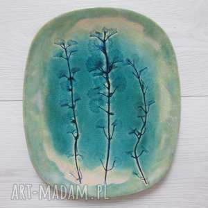 handmade ceramika turkusowy talerz z roślinkami