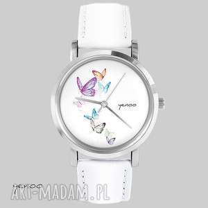 handmade zegarki zegarek, bransoletka - motyle biały, skórzany