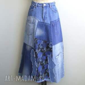 długa patchworkowa spódnica jeans, recycled jeans r 40/42