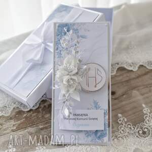 kartka komunijna w pudełku dla chłopca z życzeniami, komunia prezent