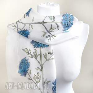 biały szal jedwabny ręcznie malowany - chabry, malowane apaszki kwiaty