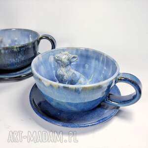 ręcznie zrobione ceramika ceramiczna filiżanka z figurką wilka - niebieski