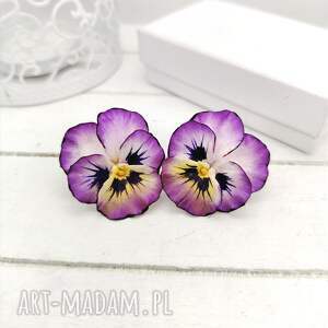kolczyki wiszące z polimerowej gliny bratki, artystyczny, kwiatowe unikatowa