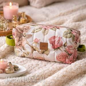 pikowana kosmetyczka xl z weluru w pastelowe róże kuferek na kosmetyki