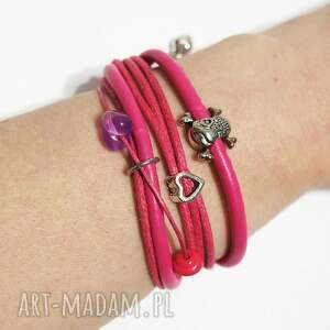 bransoletka - pink czaszka, pirat różowa, rzemienie, serce niej