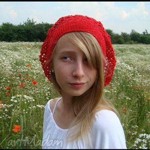 biało-czerwona ażurowa bereto - czapeczka bawełniana czapka, patriotyczna euro