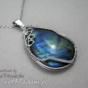 naszyjniki wisior z labradorytem, stal chirurgiczna, wire wrapping, różańska