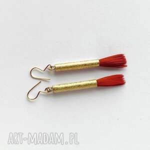 Czerwone kolczyki z piórkiem i srebrem 925 handmade