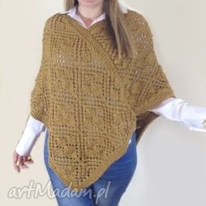 handmade poncho miodowe, ażurowe ponczo