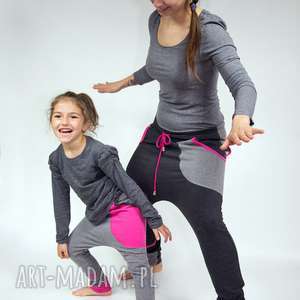 handmade sportowe spodnie duet - mama i dziecko (grafit & róż)