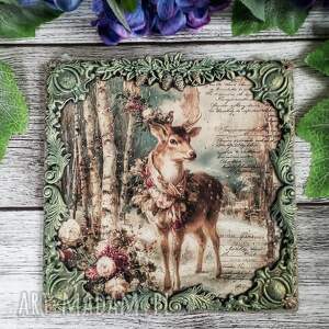 zimowy medalion z jeleniem, decoupage shabby chic vintage, farmhouse